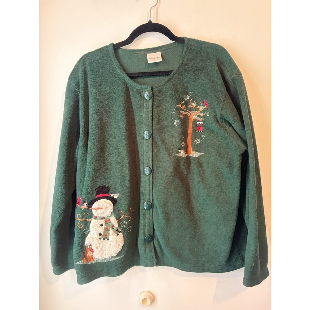 Decorated Originals Fleece Sweater Jacket‎ Green Embroidered Snowman Size XL